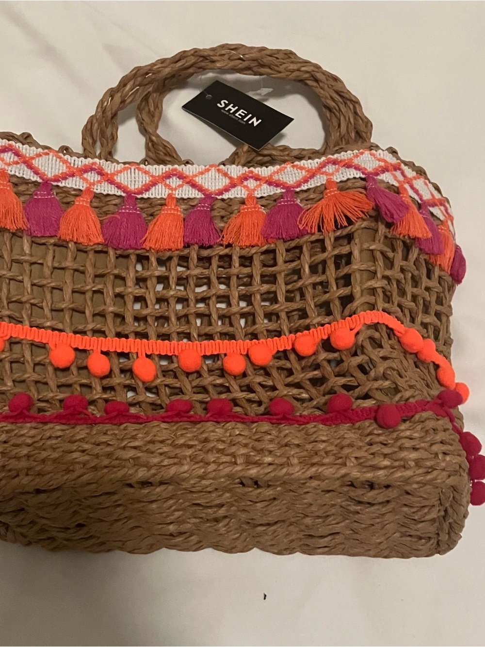 SHEIN Brown Woven Tassel Beach Tote with Pink & Orange Trim